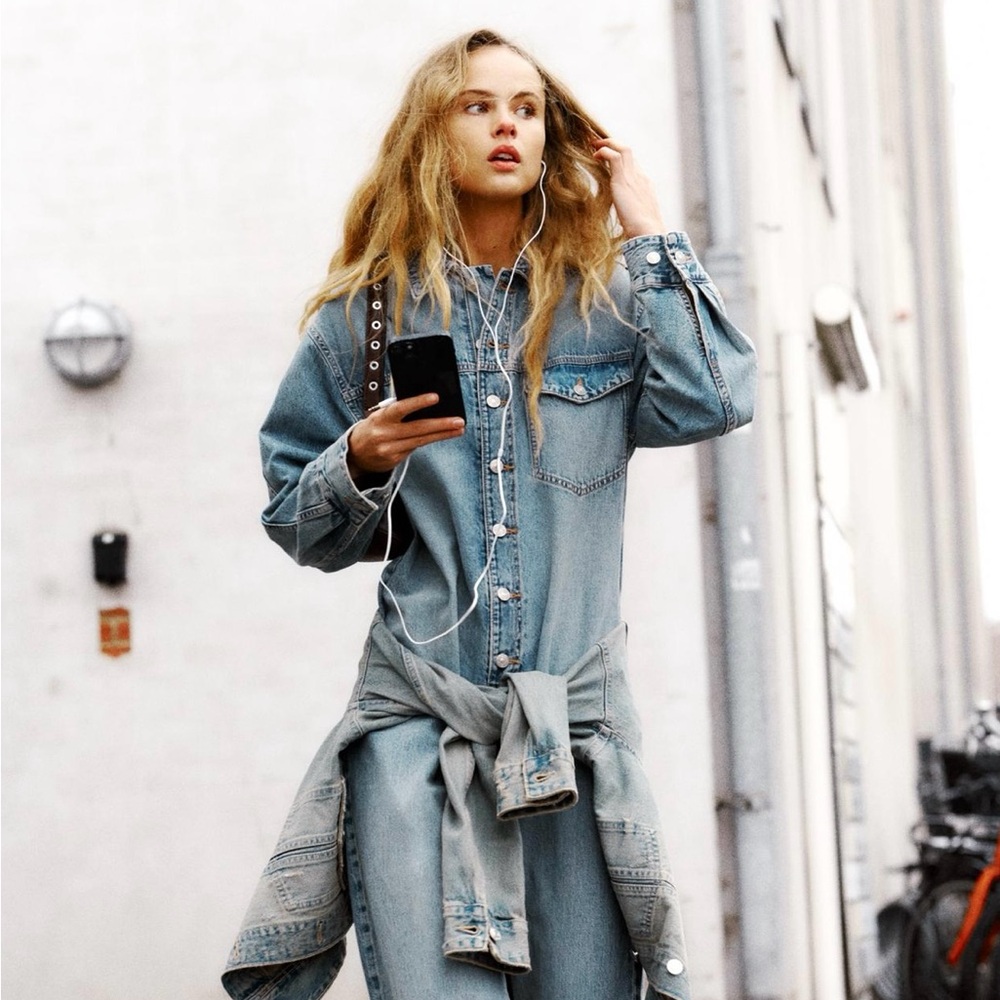 Washed Light Blue Denim Jumpsuit - Women's Casual One-Piece - Picture 2 of 4
